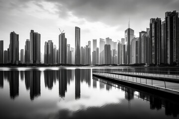 Landscape of a modern city with high-rise buildings along the coast, black and white photo