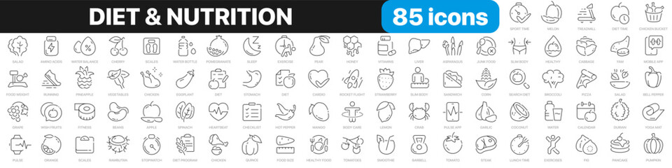 Diet and nutrition line icons collection. Sport, food, fitness, fruits, vegetables icons. UI icon set. Thin outline icons pack. Vector illustration EPS10