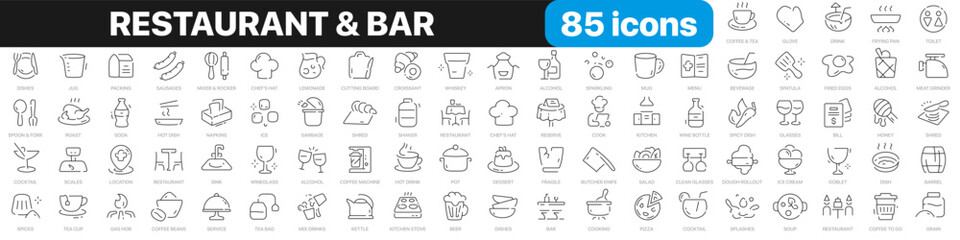 Restaurant line icons collection. Food, service, bar, alcohol icons. UI icon set. Thin outline icons pack. Vector illustration EPS10 - obrazy, fototapety, plakaty