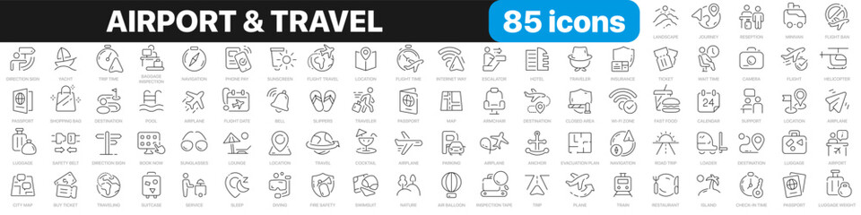 Airport and travel line icons collection. Flight, vacation, ticket icons. UI icon set. Thin outline icons pack. Vector illustration EPS10