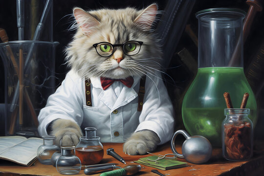 gray cat scientist researcher in lab coat in scientific chemical laboratory Funny education and study concept 