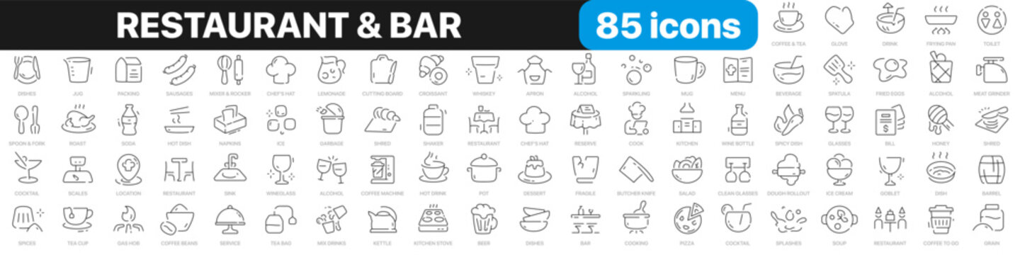 Restaurant line icons collection. Food, service, bar, alcohol icons. UI icon set. Thin outline icons pack. Vector illustration EPS10