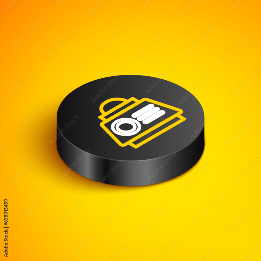 Poster isometric line space capsule icon isolated on yellow background. black circle button. vector