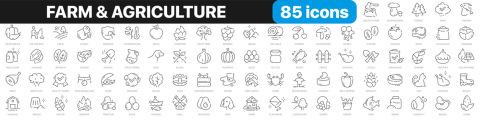 Farm and agriculture line icons collection. Food, organic, animals, fruits, vegetables icons. UI icon set. Thin outline icons pack. Vector illustration EPS10