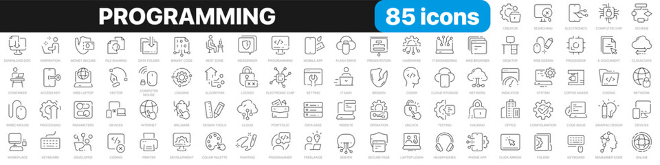 Programming line icons collection. Technology, coworking, developer, website, coding, app icons. UI icon set. Thin outline icons pack. Vector illustration EPS10