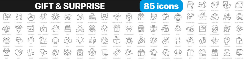 Gift and surprise line icons collection. Holiday, cake, present, stars, confetti icons. UI icon set. Thin outline icons pack. Vector illustration EPS10