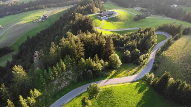 Austria drone view. Postalm panorama road. Scenic winding mountain road in Salzkammergut region.