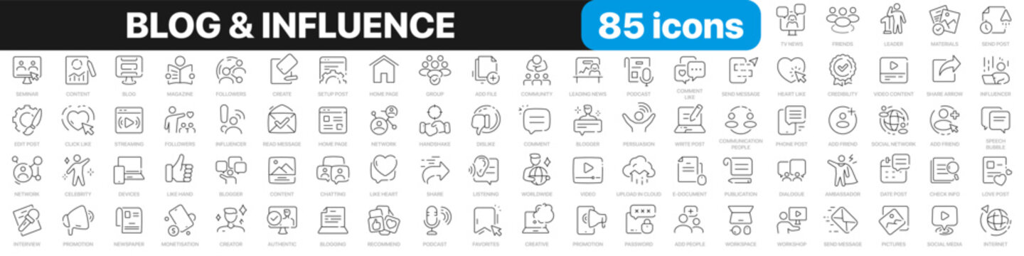 Blog and influence line icons collection. Social media, followers, publication, post icons. UI icon set. Thin outline icons pack. Vector illustration EPS10