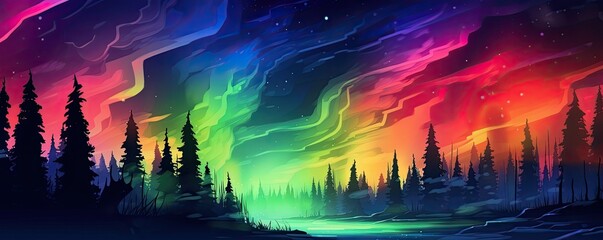 Fototapeta na wymiar winter mountain landscape with aurora borealis polar lights illustration
