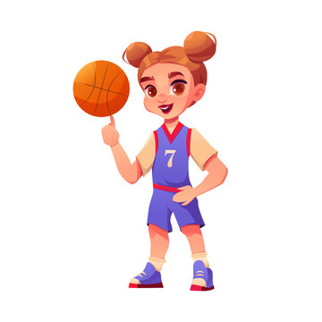 Young Girl Player Standing with Ball. 
Basketball Cartoon Illustration. Sport.