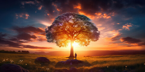 Silhouette of lonely human under old majestic tree at evening meadow during incredible sunset with rays of golden sun - obrazy, fototapety, plakaty