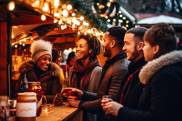A group of people standing at a Christmas market and drinking mulled wine, Christmas party. AI generative.
