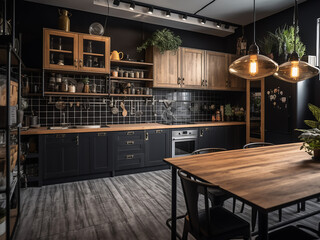 Inviting loft kitchen room with a vintage touch. AI Generate.