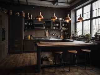 Elegant loft kitchen with a touch of warmth. AI Generate.