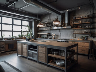 Loft kitchen complemented by vintage decor. AI Generate.