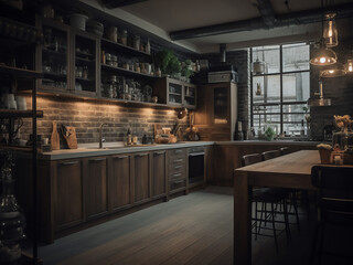 Industrial loft kitchen with a warehouse vibe. AI Generate.
