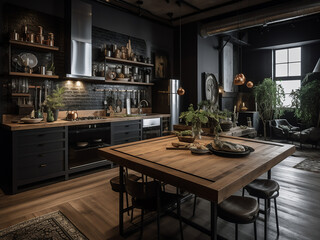 Cozy loft kitchen interior with a modern twist. AI Generate.