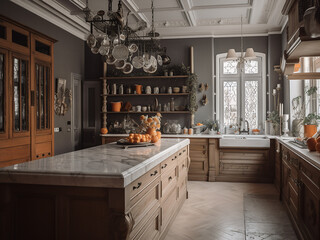 Rustic Provence kitchen featuring natural elements. AI Generate.