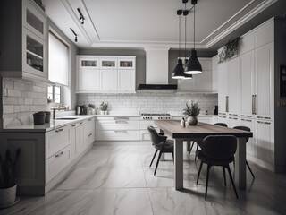 Timeless white kitchen offering a serene ambiance. AI Generate.