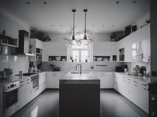 Elegant white kitchen with tasteful accents. AI Generate.