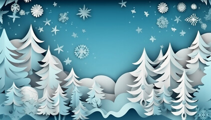 Fototapeta premium snowflakes background art tree paper merry new christmas blue year origami winter. Generative AI.