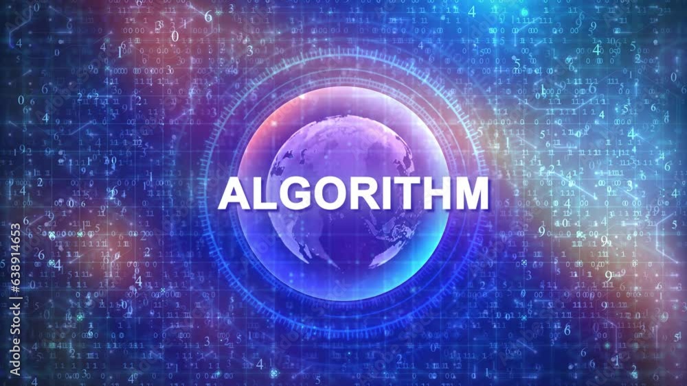 Poster algorithm concept on futuristic cyberspace background with hud, numbers, and globe