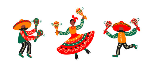 Mexican  man in sombrero  and women in colourful dress  dancing with colourful maracas, traditional Mexican and Latin musical instrument. Flat vector illustration