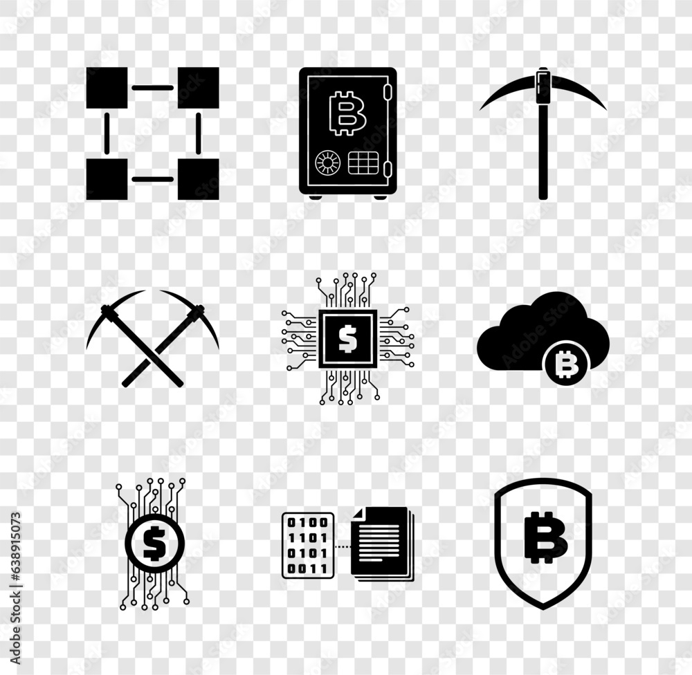 Poster set blockchain technology, proof of stake, pickaxe, cryptocurrency bitcoin circuit, smart contract a