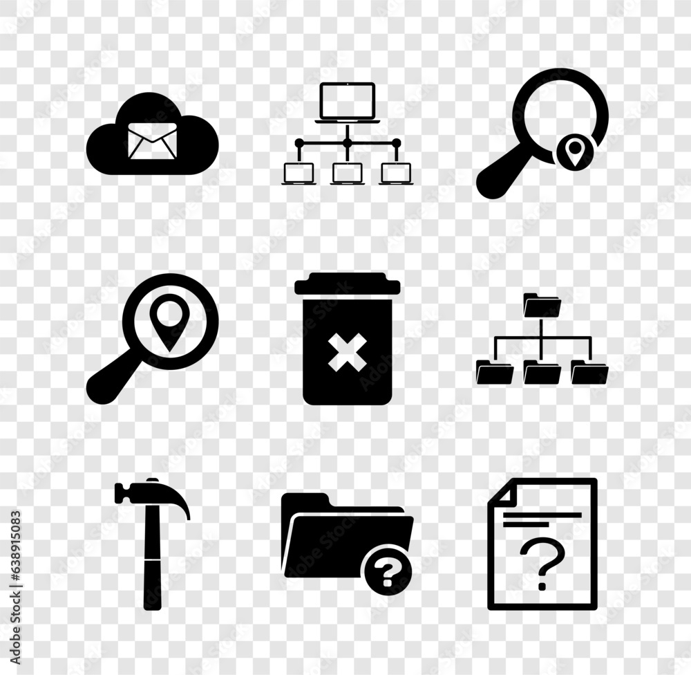 Poster set cloud mail server, computer network, search location, hammer, unknown directory and document ico