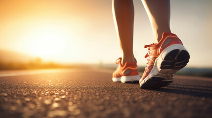 Runner feet running on road closeup on shoe. woman fitness sunrise jog workout wellness concept. - obrazy, fototapety, plakaty