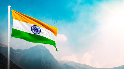 Indian Flag with Beautiful sky and with mountains