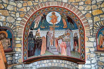 Gemälde an einer Wand des Holy Cross Monastery, Mănăstirea Lupșa Monastery near Mănăstirea in...