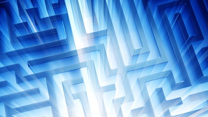 Labyrinth glow blue maze structure confusing way to the exit. Breaking the deadlock. 3d render