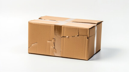 Damaged cardboard box on white background, destroyed in shipping