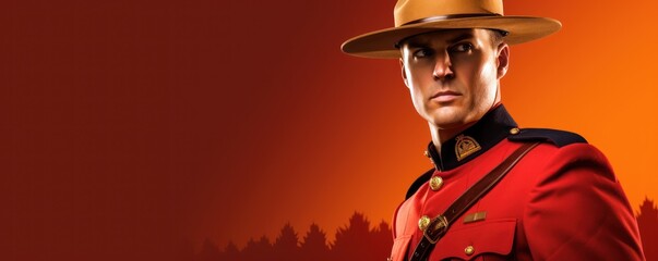Canadian Mountie in Uniform on a Maple Red Background with Space for Copy.