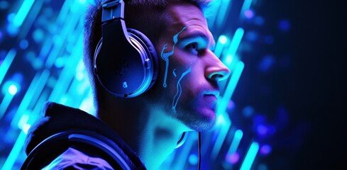 Professional Gamer in Headset on a Neon Blue Background with Space for Copy.