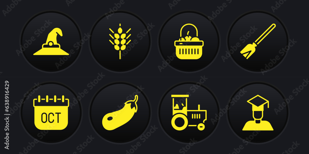 Wall mural Set October calendar autumn, Handle broom, Eggplant, Tractor, Basket food, Wheat, Graduate graduation cap and Witch hat icon. Vector