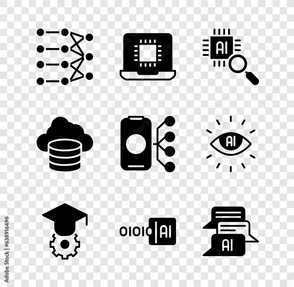 Poster set neural network, processor cpu, graduation cap, binary code, chat bot, cloud database and icon. v
