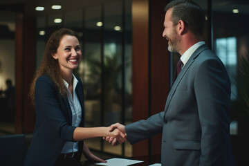 Businessman and businesswoman shaking hands at group board meeting. Professional business executive leaders making handshake agreement successful company trade partnership. Generative AI.