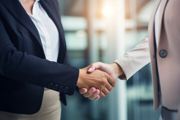 business woman manager handshaking at office meeting. hr hiring recruit at job interview, bank or insurance agent, lawyer making contract deal with client at work. Generative AI