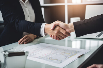 Obraz premium business woman manager handshaking at office meeting. hr hiring recruit at job interview, bank or insurance agent, lawyer making contract deal with client at work. Generative AI