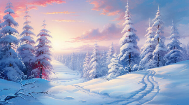 Winter landscape with fair trees under the snow. Scenery for the tourists. Christmas holidays. Trampled path in the snowdrifts.