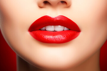 Obraz premium Lips with red lipstick. Beauty and cosmetics concept. Generative Ai