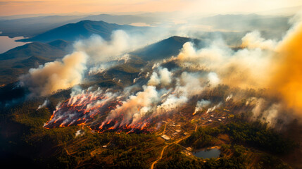 Top view of ecological disaster of wildfire in the tropical forest