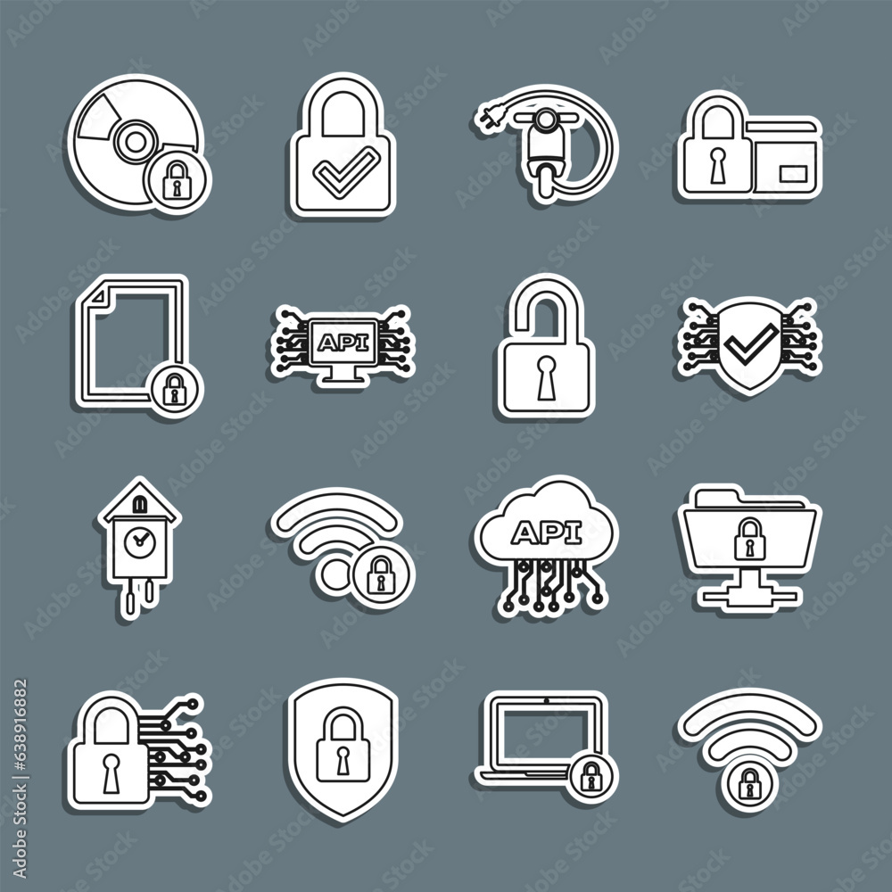 Poster set line wifi locked, ftp folder and, cyber security, electric scooter, computer api interface, docu