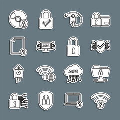 Set line Wifi locked, FTP folder and, Cyber security, Electric scooter, Computer api interface, Document, CD or DVD disk with and Open padlock icon. Vector