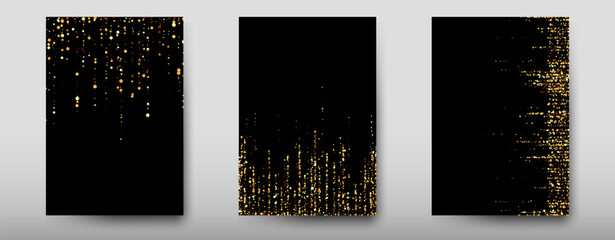 Banners with golden shiny confetti on a black background. Vector flyer templates for wedding, invitation cards, business brochure design, certificates.