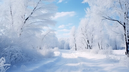Winter landscape with fair trees under the snow. Scenery for the tourists. Christmas holidays. Trampled path in the snowdrifts.