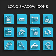 Set line Man dreaming about buying house, House with key, contract, Hanging sign Open, Rising cost of housing, Search, and Shopping cart icon. Vector