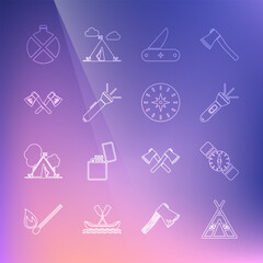 Set line Tourist tent, Compass, Flashlight, Swiss army knife, Crossed wooden axe, Canteen water bottle and icon. Vector